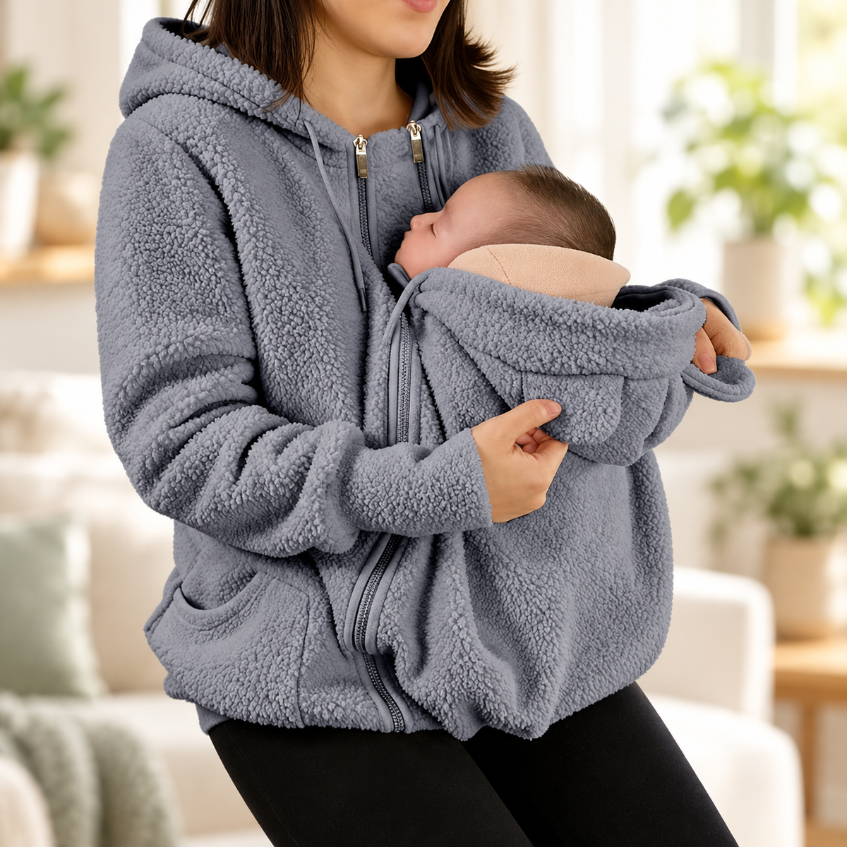 CuddleClose fleece baby pouch hoodie in gray
