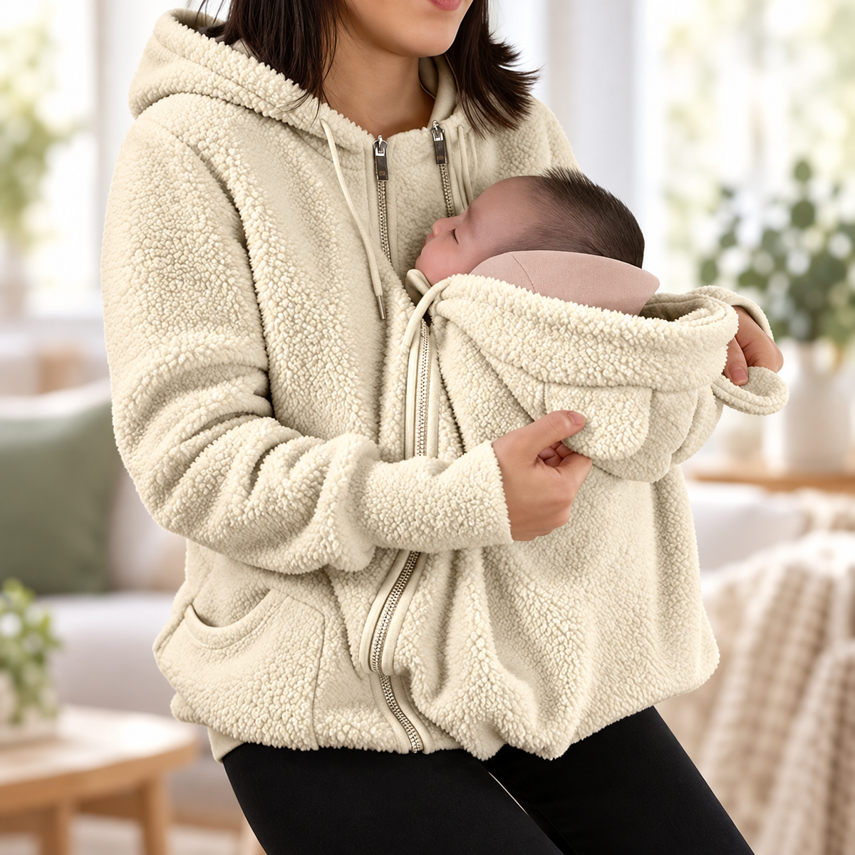 CuddleClose fleece baby pouch hoodie in beige