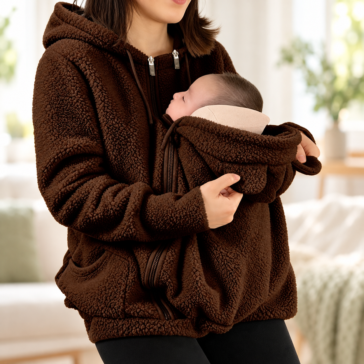 CuddleClose fleece baby pouch hoodie in brown
