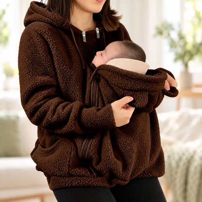 CuddleClose fleece baby pouch hoodie in brown