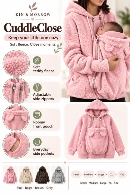 CuddleClose fleece hoodie features, colors and sizes