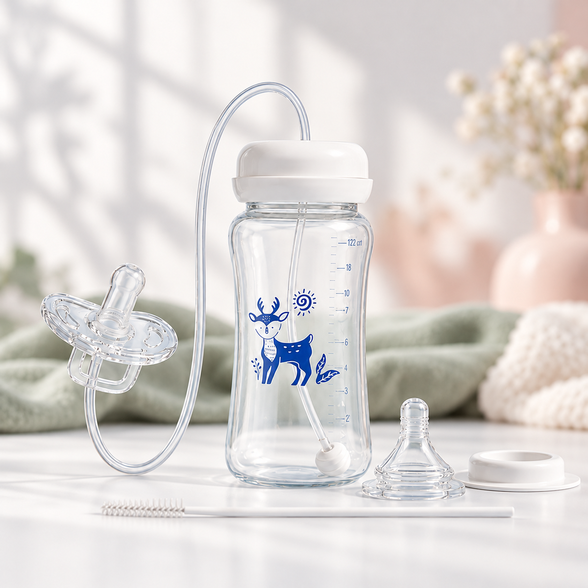 EasySip baby bottle with tube-fed attachment, teat and cleaning brush